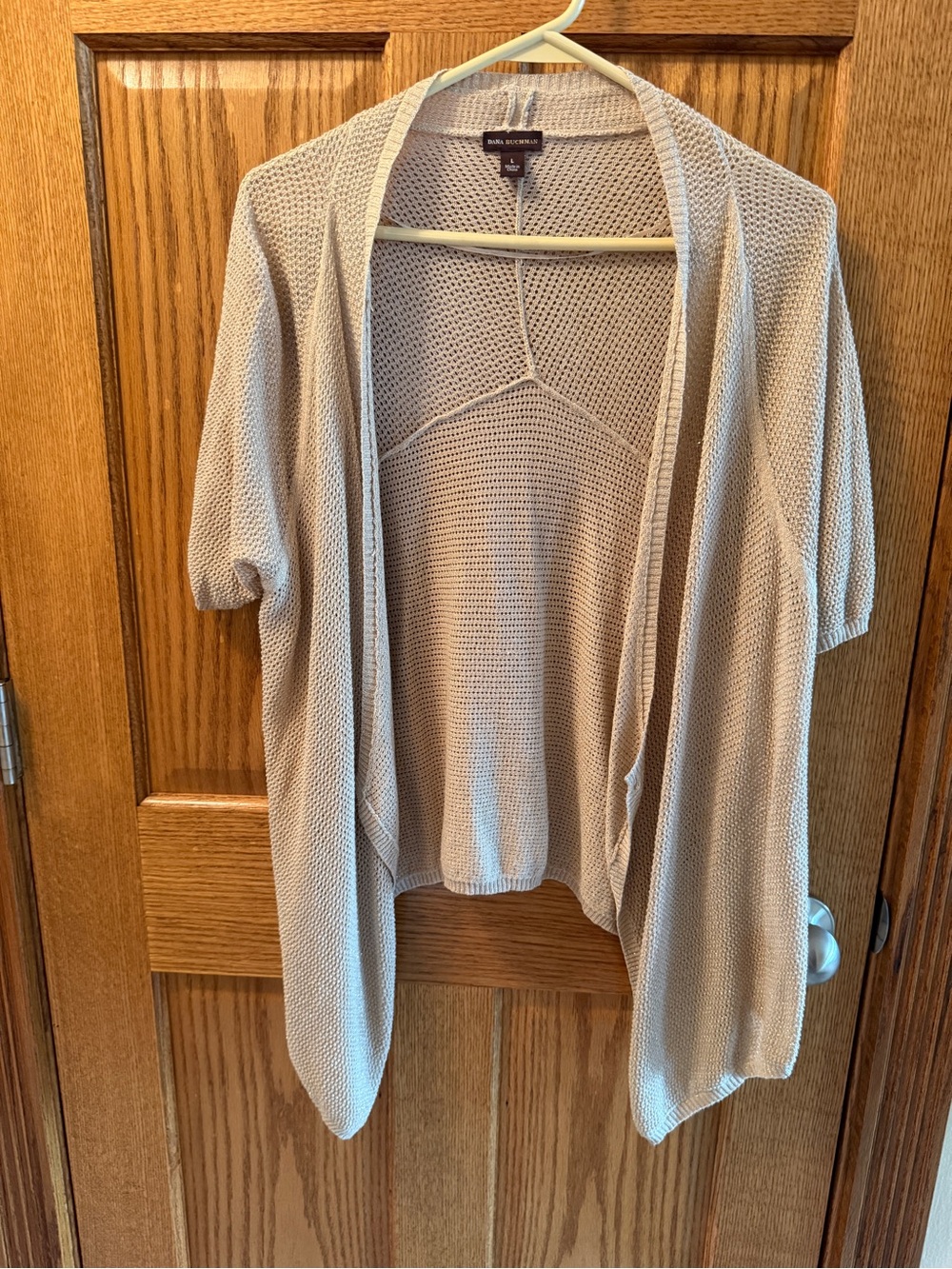 Dana Buchman Beige Large  Open-Front Knit Short-Sleeve Cardigan
